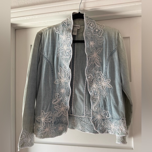 Chico's Jackets & Blazers - Vintage Chico's Light Blue Jean Jacket with White Floral Embroidery